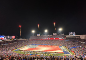 A broncos game at a football stadium